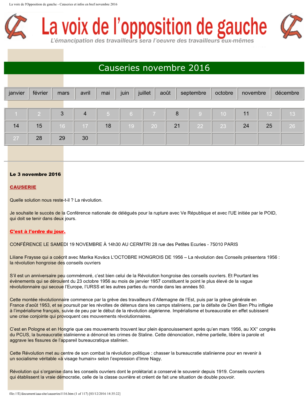 La Voix De L'opposition De Gauche - Causeries Et Infos En Bref Novembre 2016