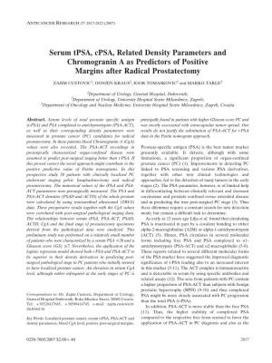 Serum Tpsa, Cpsa, Related Density Parameters and Chromogranin a As Predictors of Positive Margins After Radical Prostatectomy