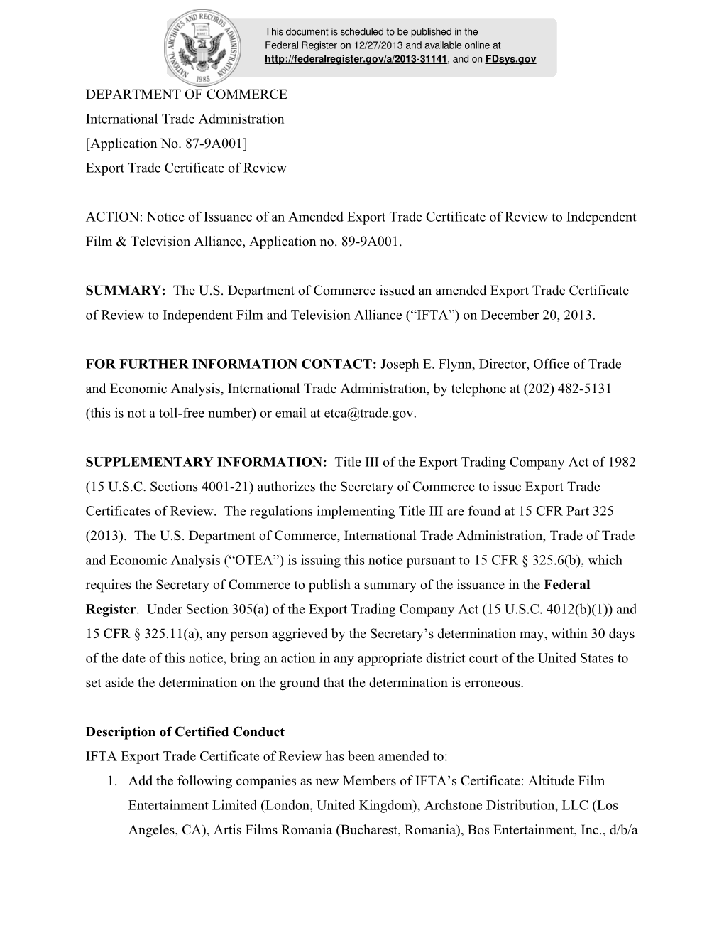 Export Trade Certificate of Review ACTION