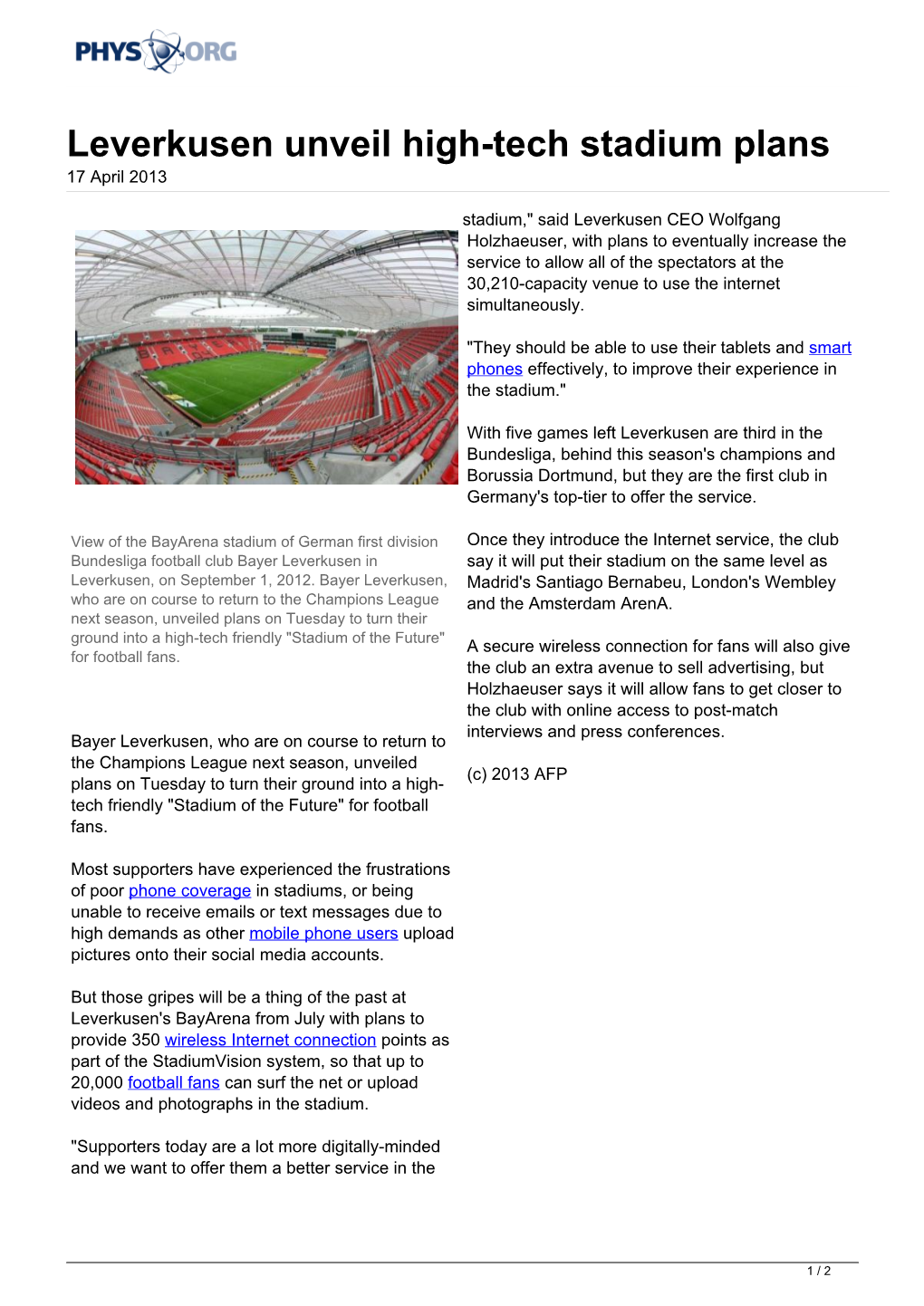 Leverkusen Unveil High-Tech Stadium Plans 17 April 2013