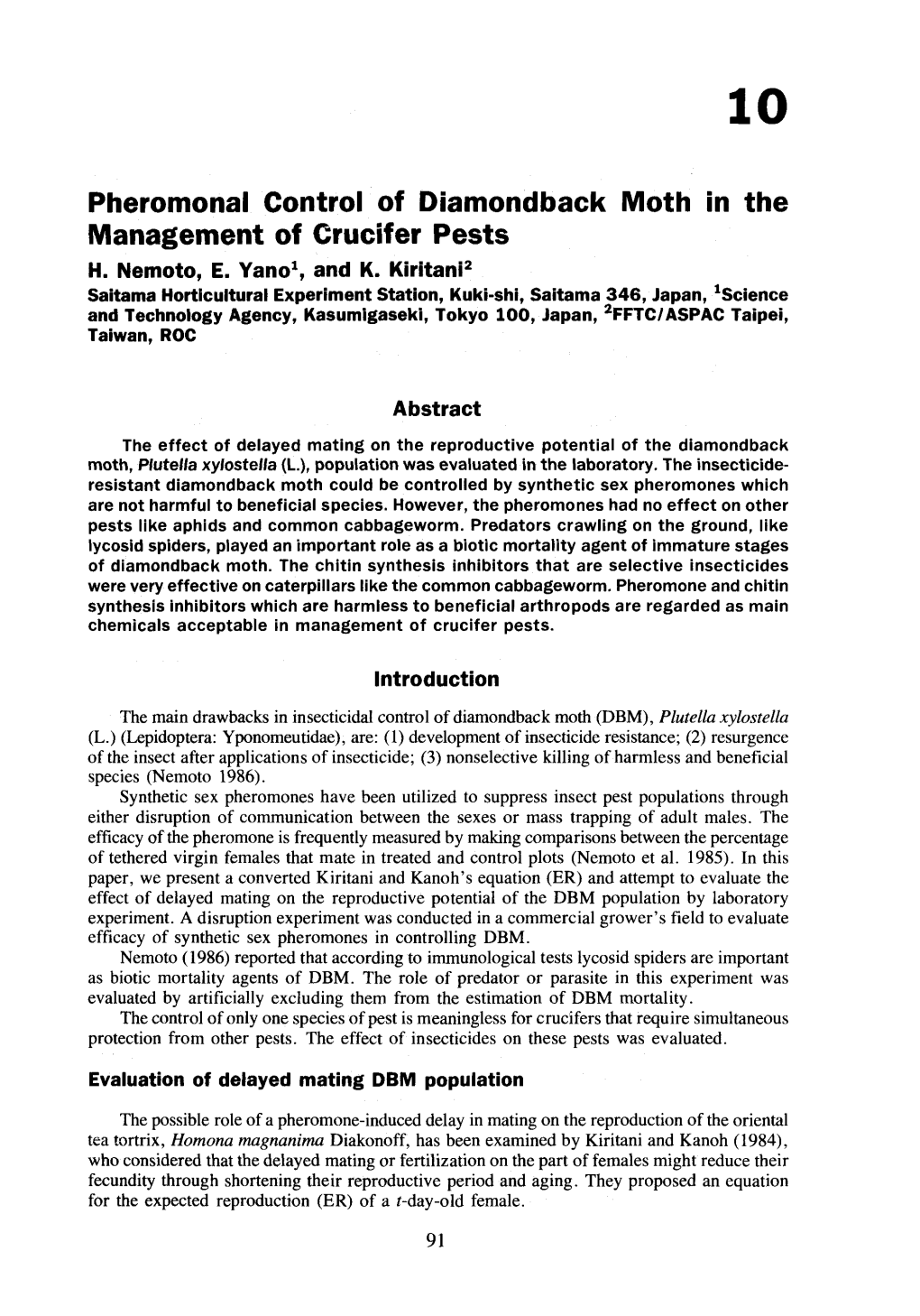 Pheromonal Control of Diamondback Moth in the Management of Crucifer Pests H