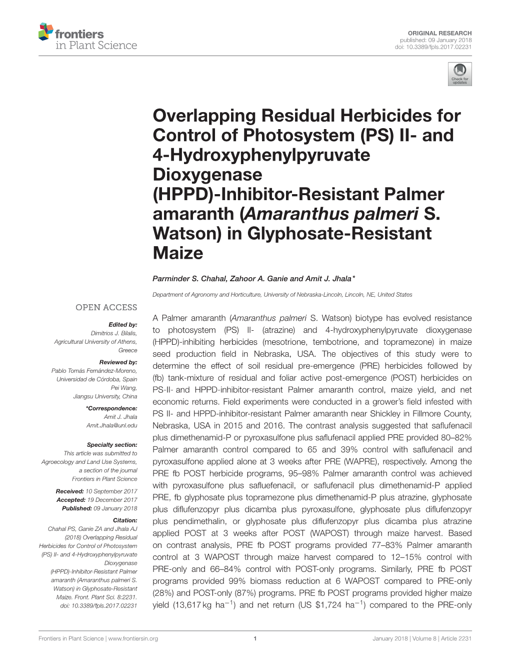 (HPPD) Inhibitor-Resistant Palmer Amaranth in Glyphosate-Resistant Maize in ﬁeld Experiments Conducted in 2015 and 2016 in Nebraska, Usaa