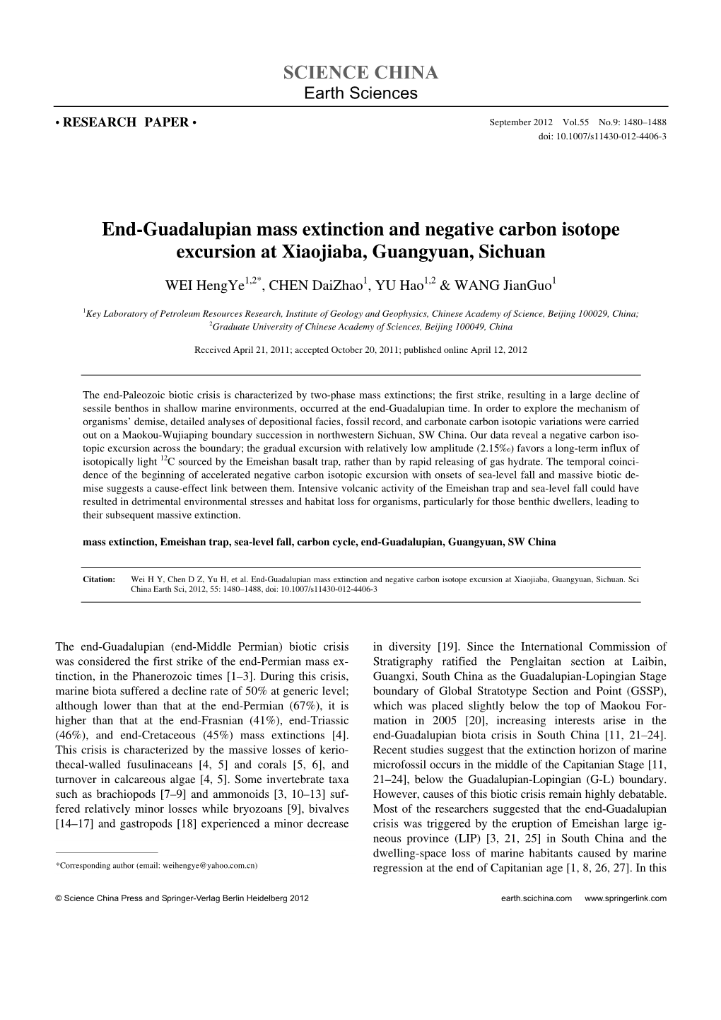 SCIENCE CHINA End-Guadalupian Mass Extinction and Negative Carbon Isotope Excursion at Xiaojiaba, Guangyuan, Sichuan