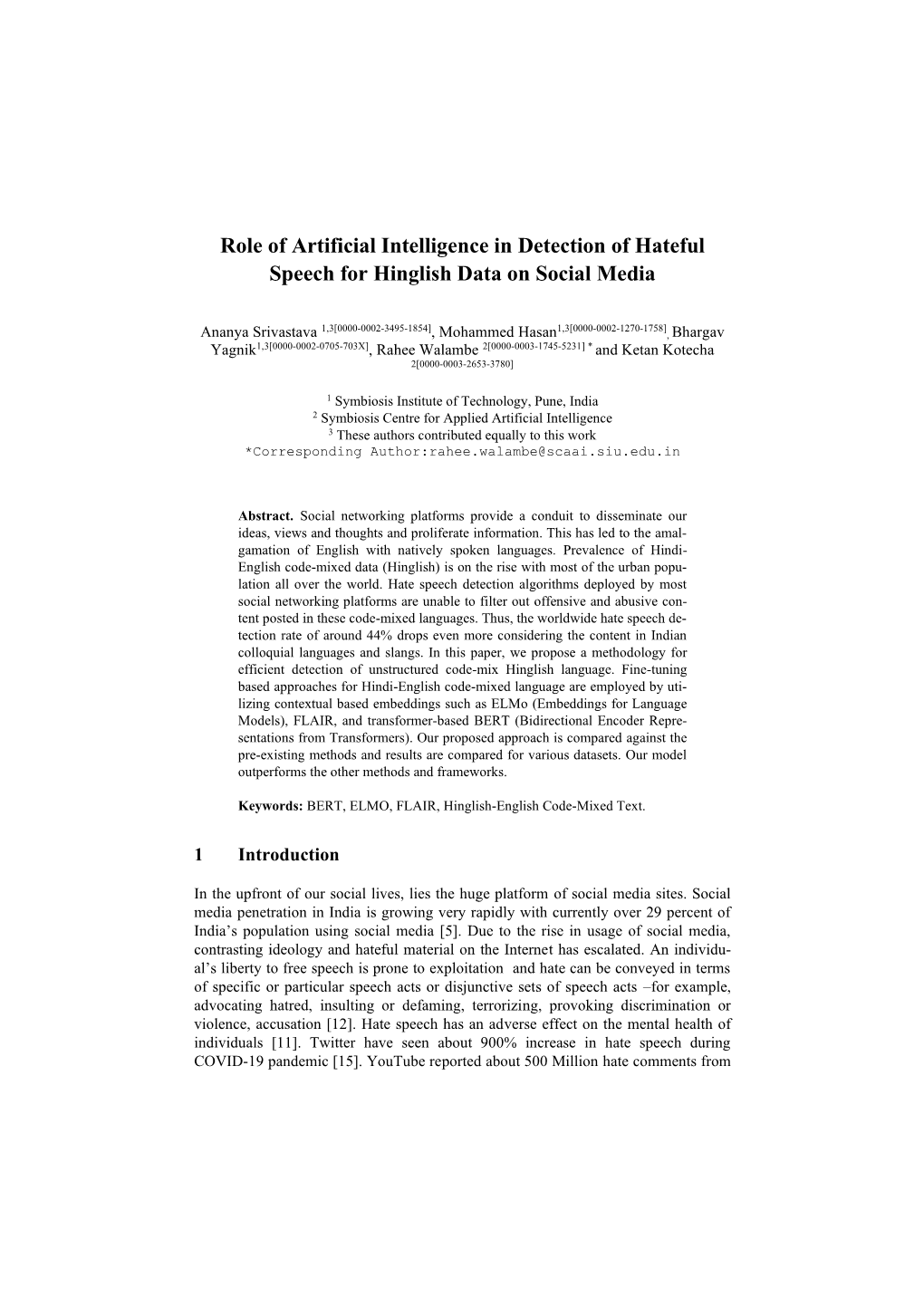 Role of Artificial Intelligence in Detection of Hateful Speech for Hinglish Data on Social Media