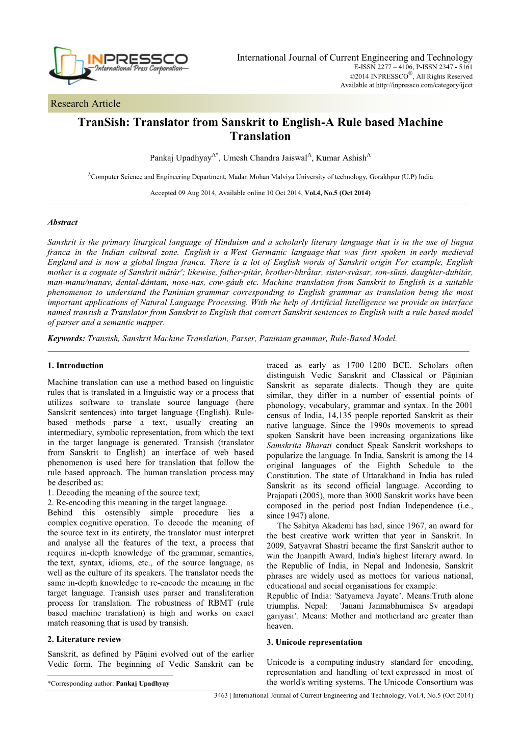 Transish: Translator from Sanskrit to English-A Rule Based Machine Translation