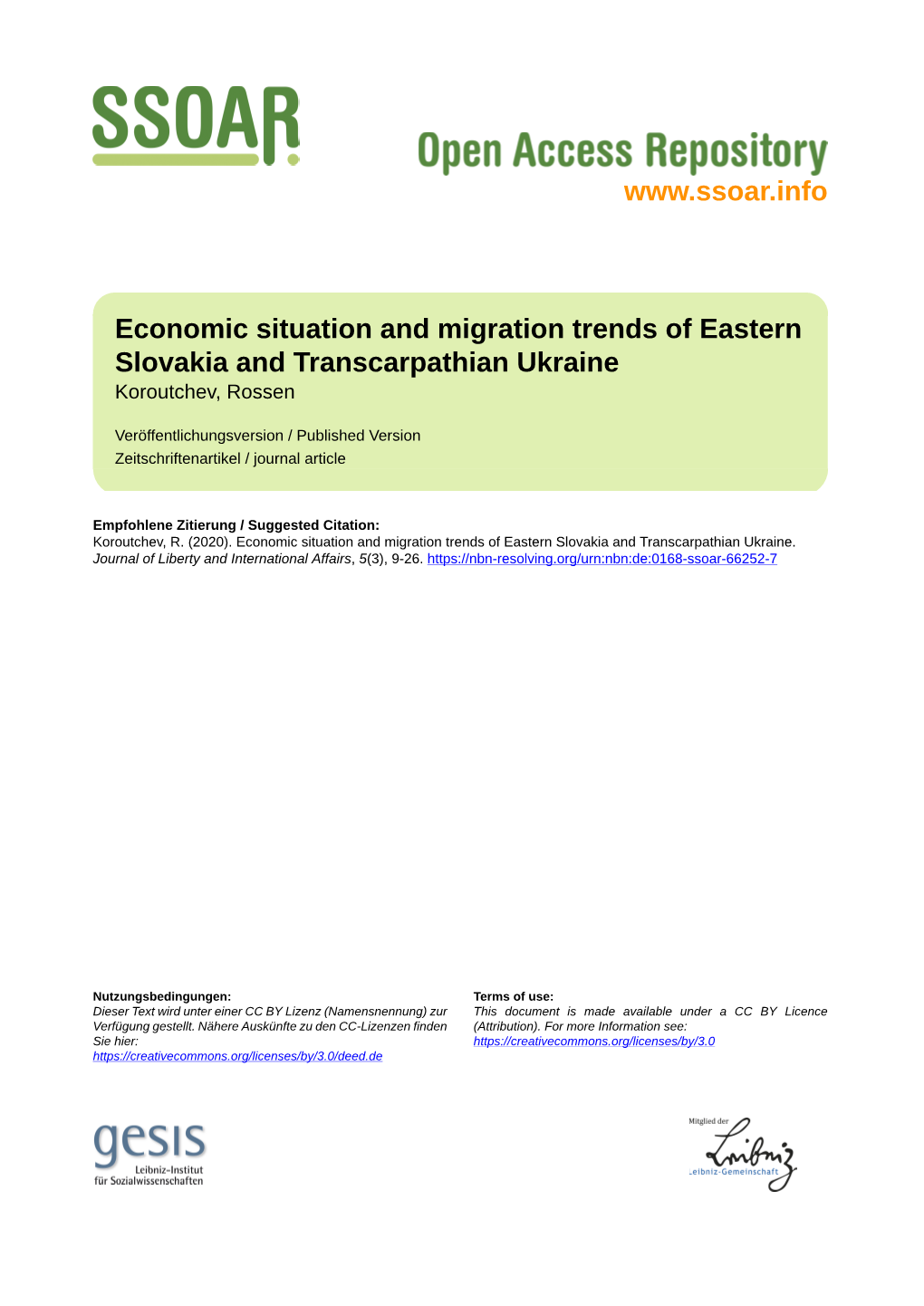 Economic Situation and Migration Trends of Eastern Slovakia and Transcarpathian Ukraine Koroutchev, Rossen