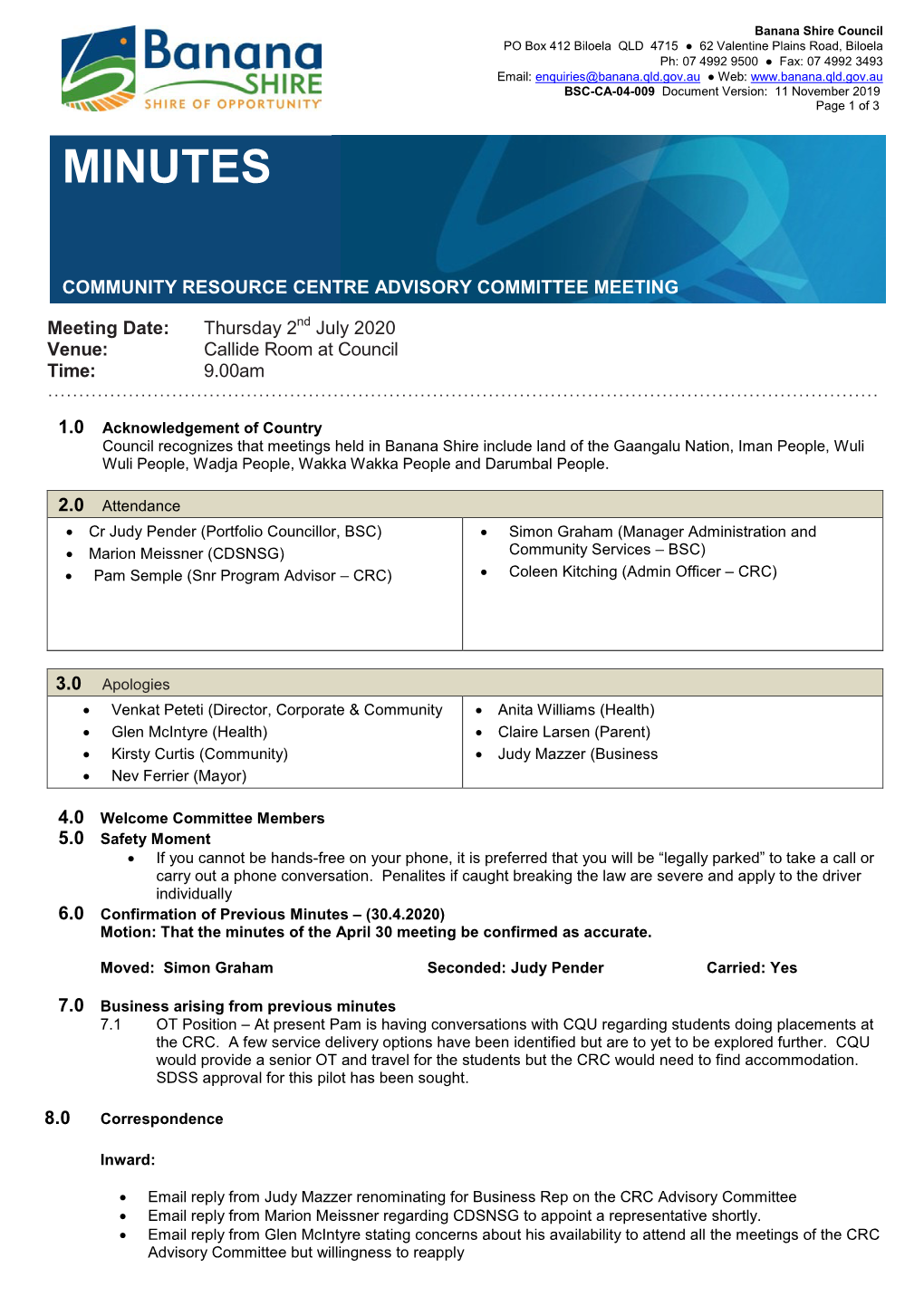 Confirmed CRC Advisory Committee Meeting Minutes 2 July 2020.Pdf