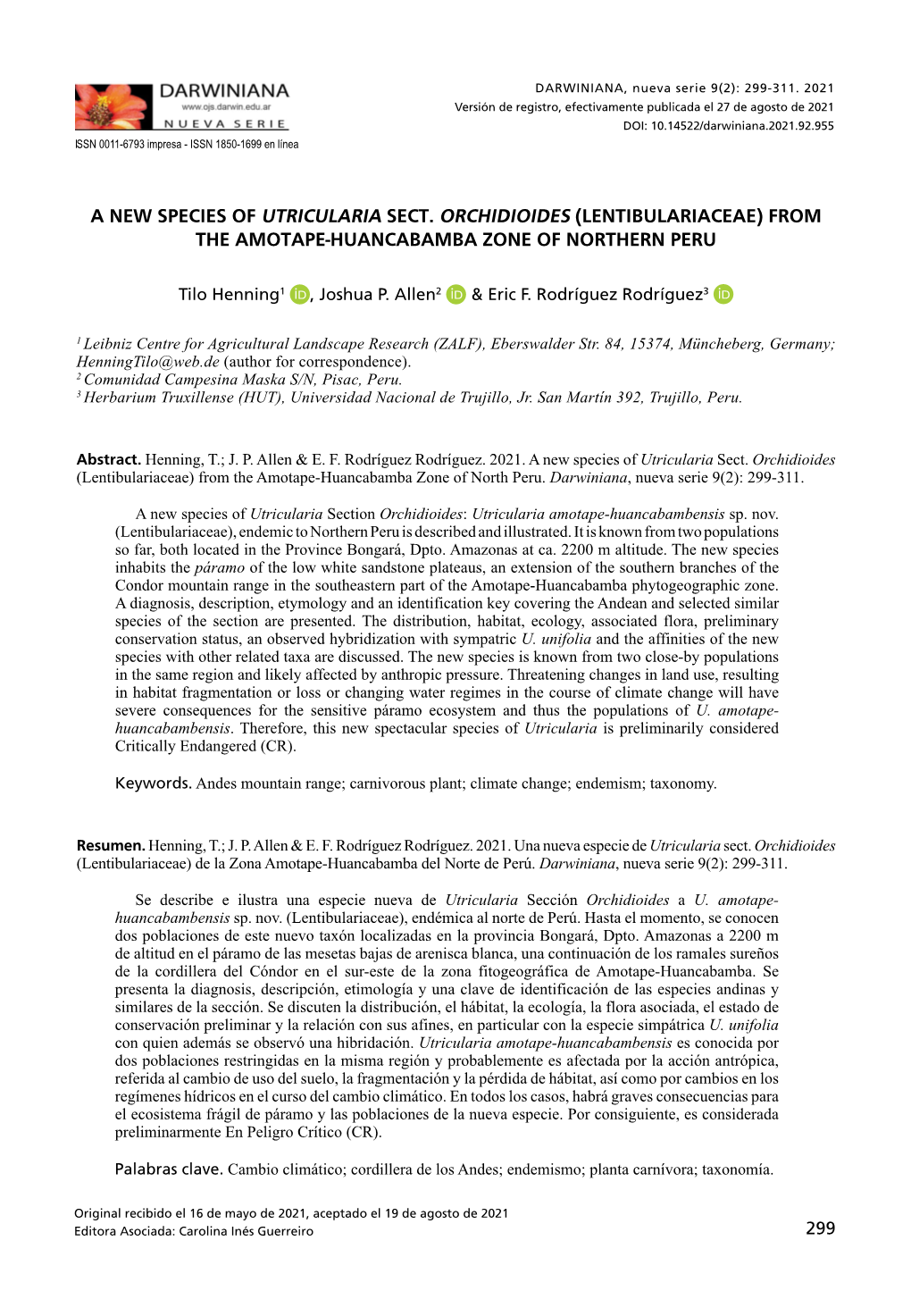 A New Species of Utricularia Sect. Orchidioides (Lentibulariaceae) from the Amotape-Huancabamba Zone of Northern Peru