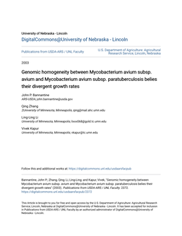 Genomic Homogeneity Between Mycobacterium Avium Subsp. Avium and Mycobacterium Avium Subsp