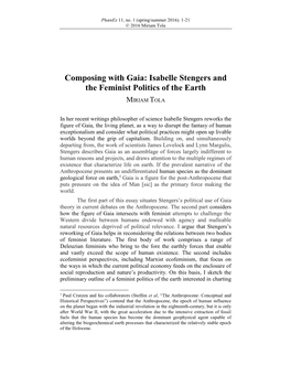 Composing with Gaia: Isabelle Stengers and the Feminist Politics of the Earth MIRIAM TOLA