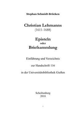 Christian Lehmanns (1611-1688) Episteln Oder Briefsammlung