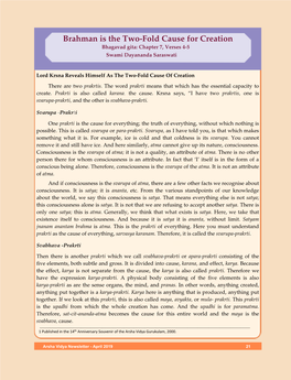 Brahman Is the Two-Fold Cause for Creation Bhagavad Gita: Chapter 7, Verses 4-5 Swami Dayananda Saraswati