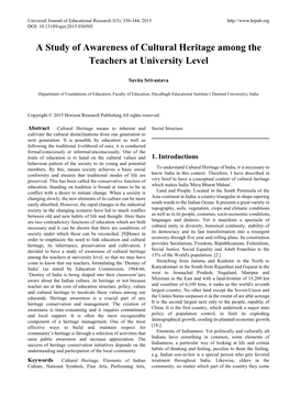 A Study of Awareness of Cultural Heritage Among the Teachers at University Level