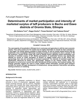 Determinants of Market Participation and Intensity of Marketed Surplus of Teff Producers in Bacho and Dawo Districts of Oromia State, Ethiopia