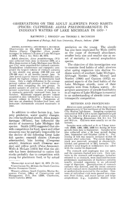 Observations on the Adult Alewife's Food Habits (Pisces: Clupeidae: Alosa Pseudoharengus) in Indiana's Waters of Lake Michigan in 19701- 2