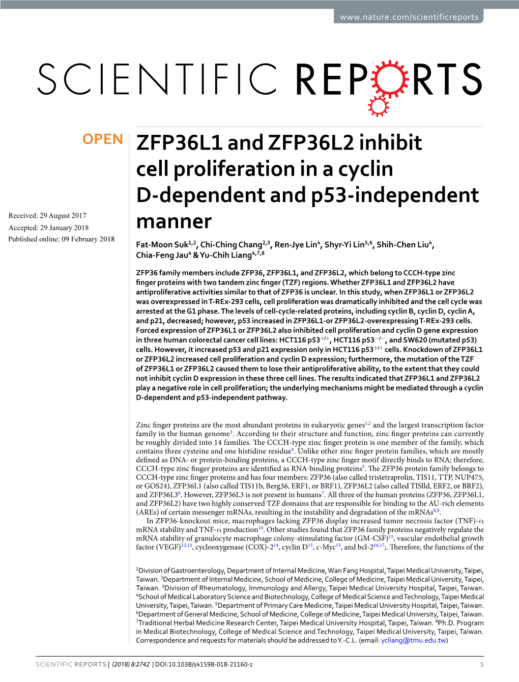 ZFP36L1 and ZFP36L2 Inhibit Cell Proliferation in a Cyclin D