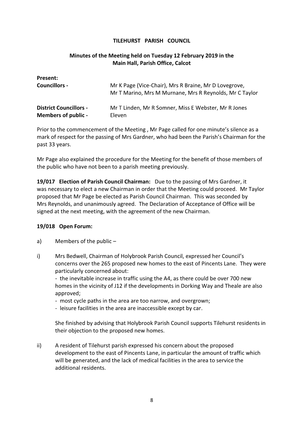 TILEHURST PARISH COUNCIL Minutes of the Meeting Held On