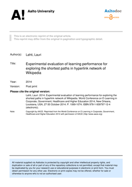 Experimental Evaluation of Learning Performance for Exploring the Shortest Paths in Hyperlink Network of Wikipedia