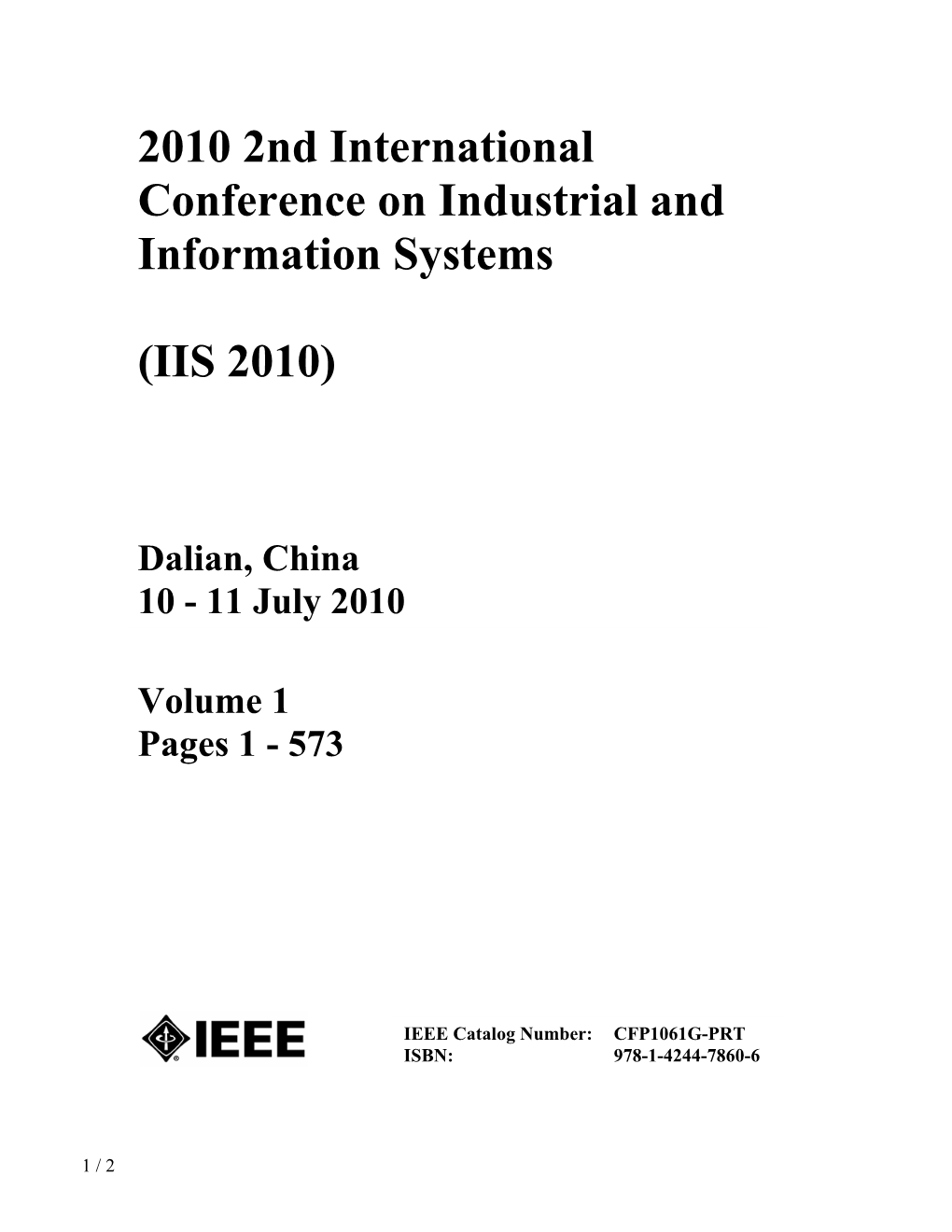 2010 2Nd International Conference on Industrial and Information Systems