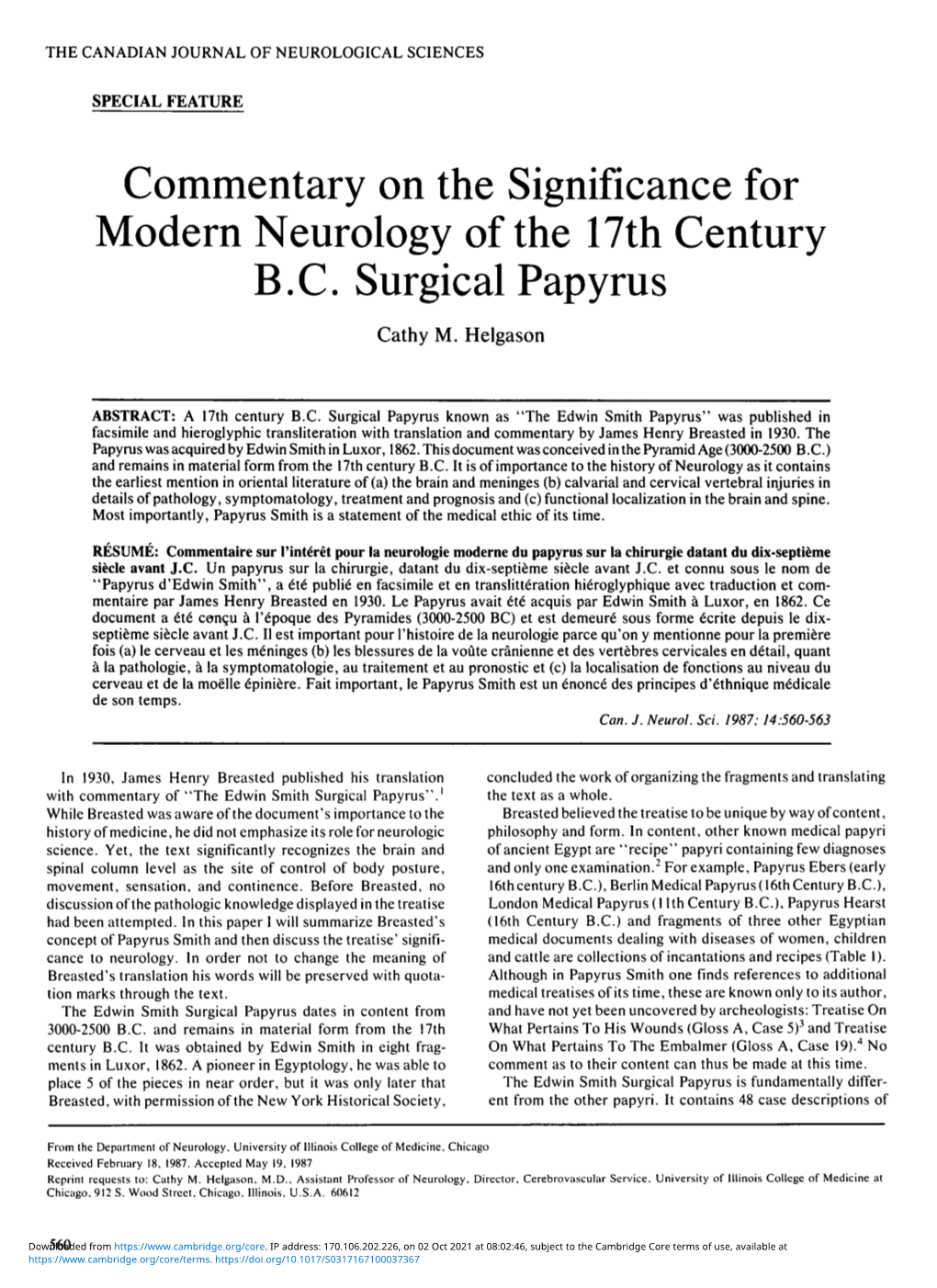 Commentary on the Significance for Modern Neurology of the 17Th Century B.C