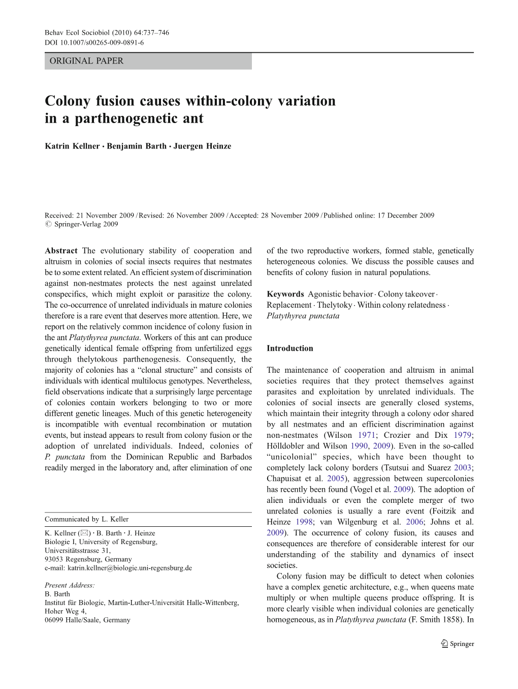 Colony Fusion Causes Within-Colony Variation in a Parthenogenetic Ant