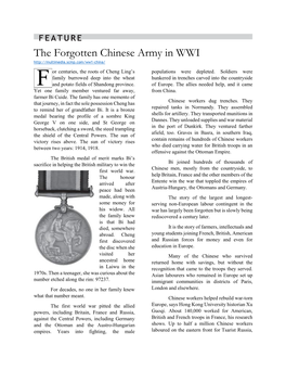 FEATURE the Forgotten Chinese Army in WWI Or Centuries, the Roots of Cheng Ling’S Populations Were Depleted