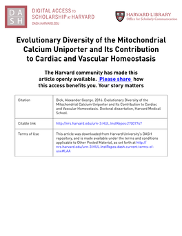 Evolutionary Diversity of the Mitochondrial Calcium Uniporter and Its Contribution to Cardiac and Vascular Homeostasis