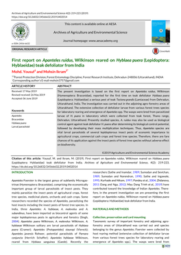First Report on Apanteles Ruidus, Wilkinson Reared on Hyblaea Puera (Lepidoptera: Hyblaeidae) Teak Defoliator from India Mohd