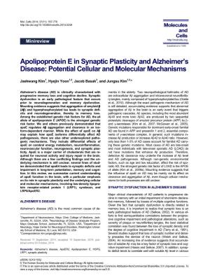 Apolipoprotein E in Synaptic Plasticity and Alzheimer’S Disease: Potential Cellular and Molecular Mechanisms