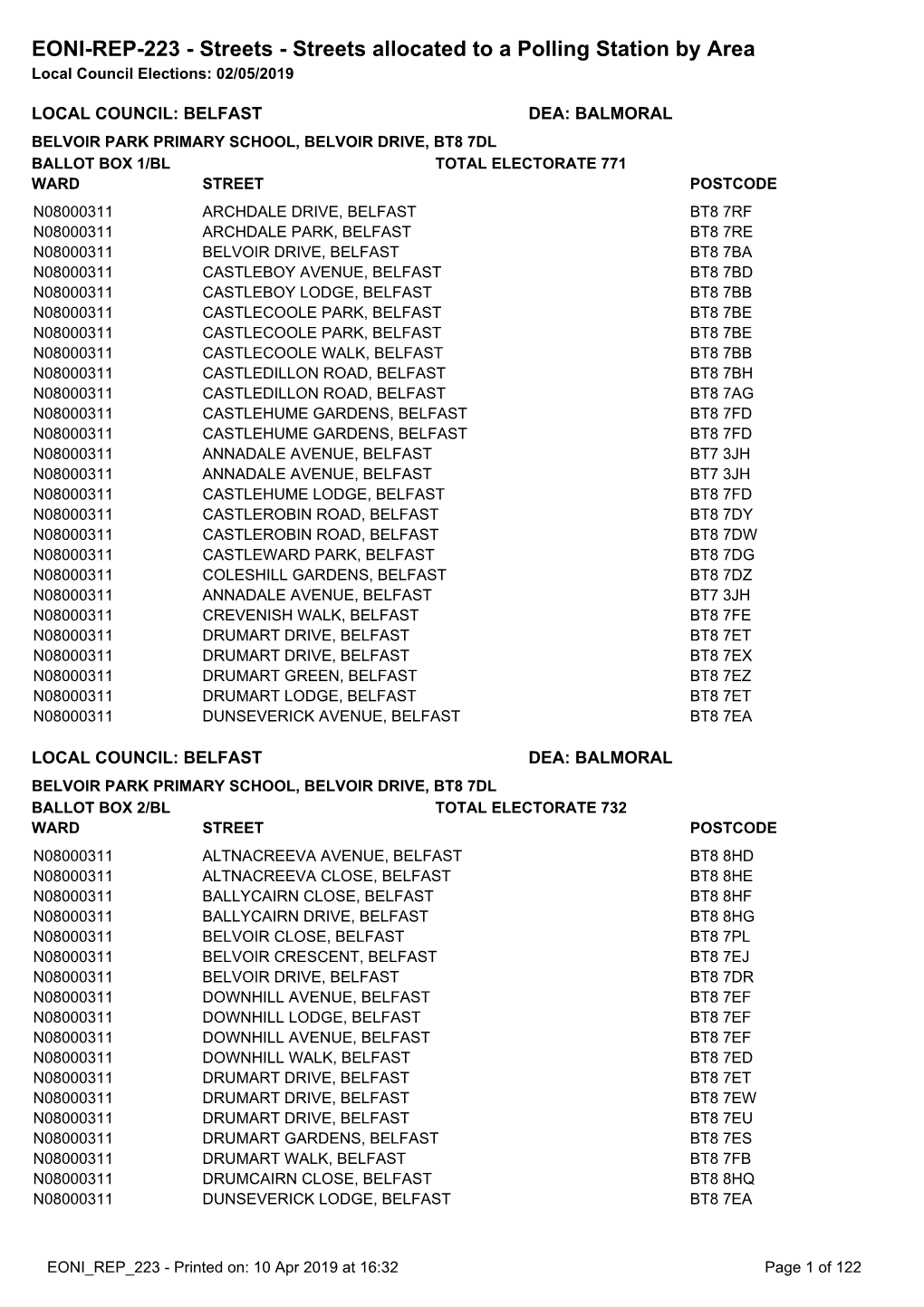 EONI-REP-223 - Streets - Streets Allocated to a Polling Station by Area Local Council Elections: 02/05/2019