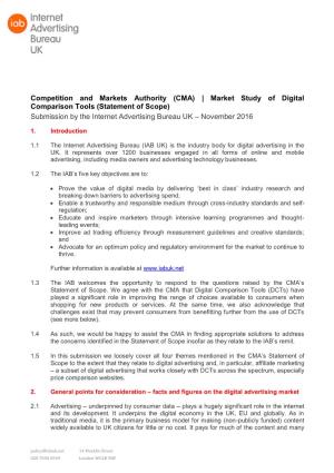 Competition and Markets Authority (CMA) | Market Study of Digital Comparison Tools (Statement of Scope) Submission by the Intern