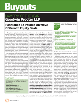 LAW FIRM of the YEAR Goodwin Procter LLP Positioned to Pounce on Wave WHY the FIRM WON of Growth Equity Deals