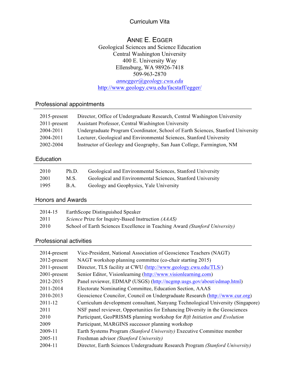 Curriculum Vita Geological Sciences and Science Education Central