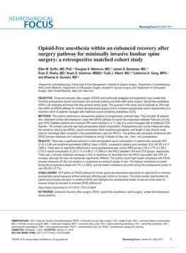 Opioid-Free Anesthesia Within an Enhanced Recovery After Surgery Pathway for Minimally Invasive Lumbar Spine Surgery: a Retrospective Matched Cohort Study