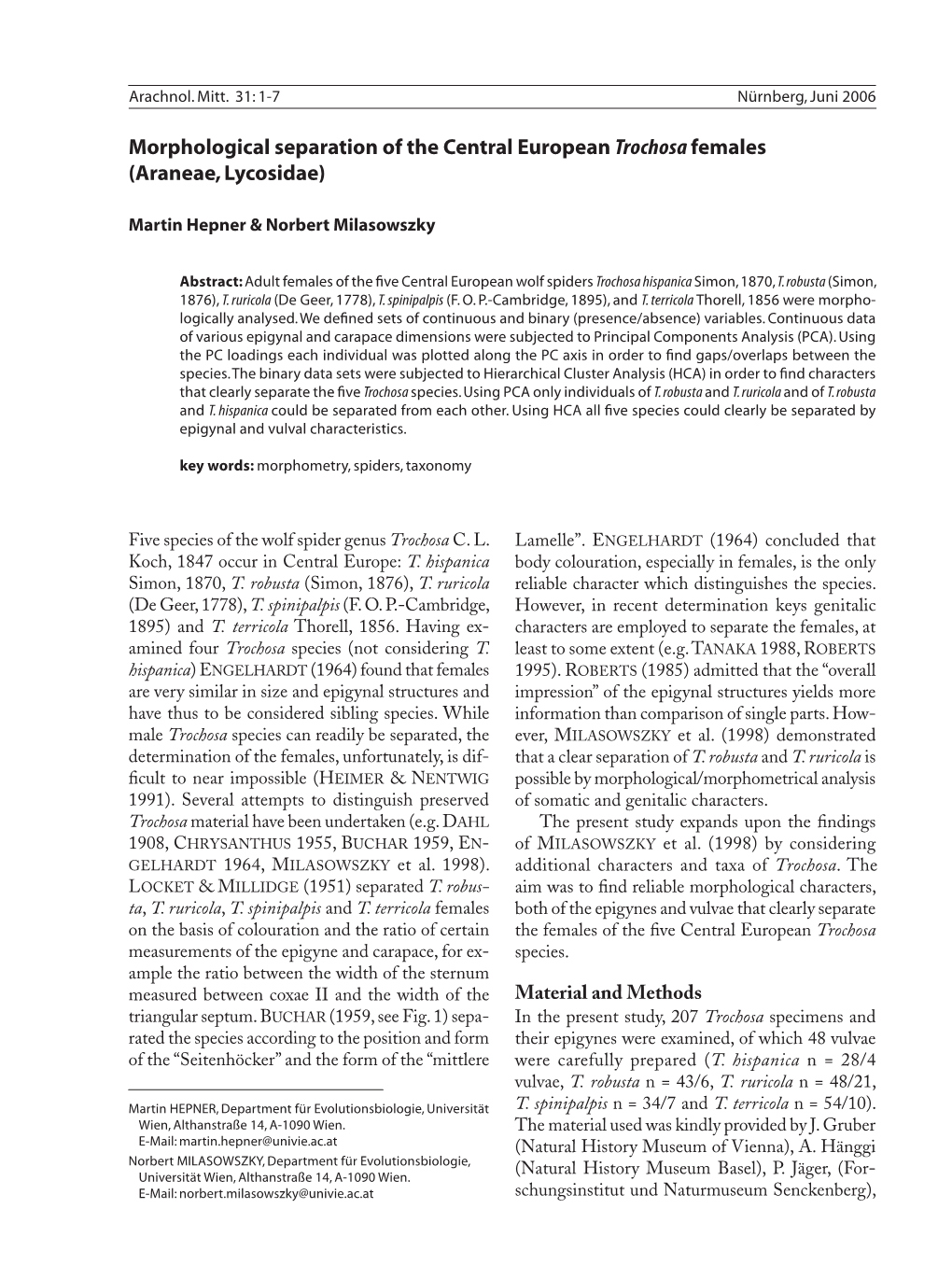 Morphological Separation of the Central European Trochosa Females (Araneae, Lycosidae)