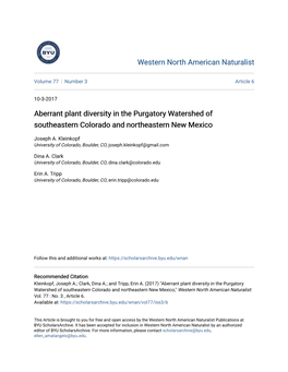 Aberrant Plant Diversity in the Purgatory Watershed of Southeastern Colorado and Northeastern New Mexico