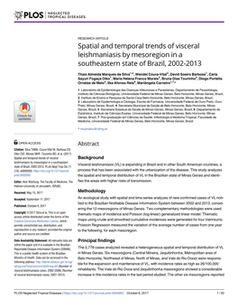Spatial and Temporal Trends of Visceral Leishmaniasis by Mesoregion in a Southeastern State of Brazil, 2002-2013