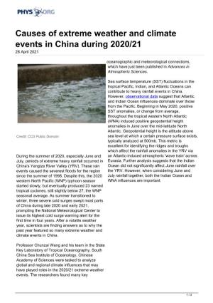 Causes of Extreme Weather and Climate Events in China During 2020/21 28 April 2021