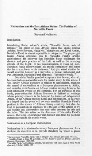 Nationalism and the East African Writer: the Position of Nnruddin Farah Raymond Ntalindwa