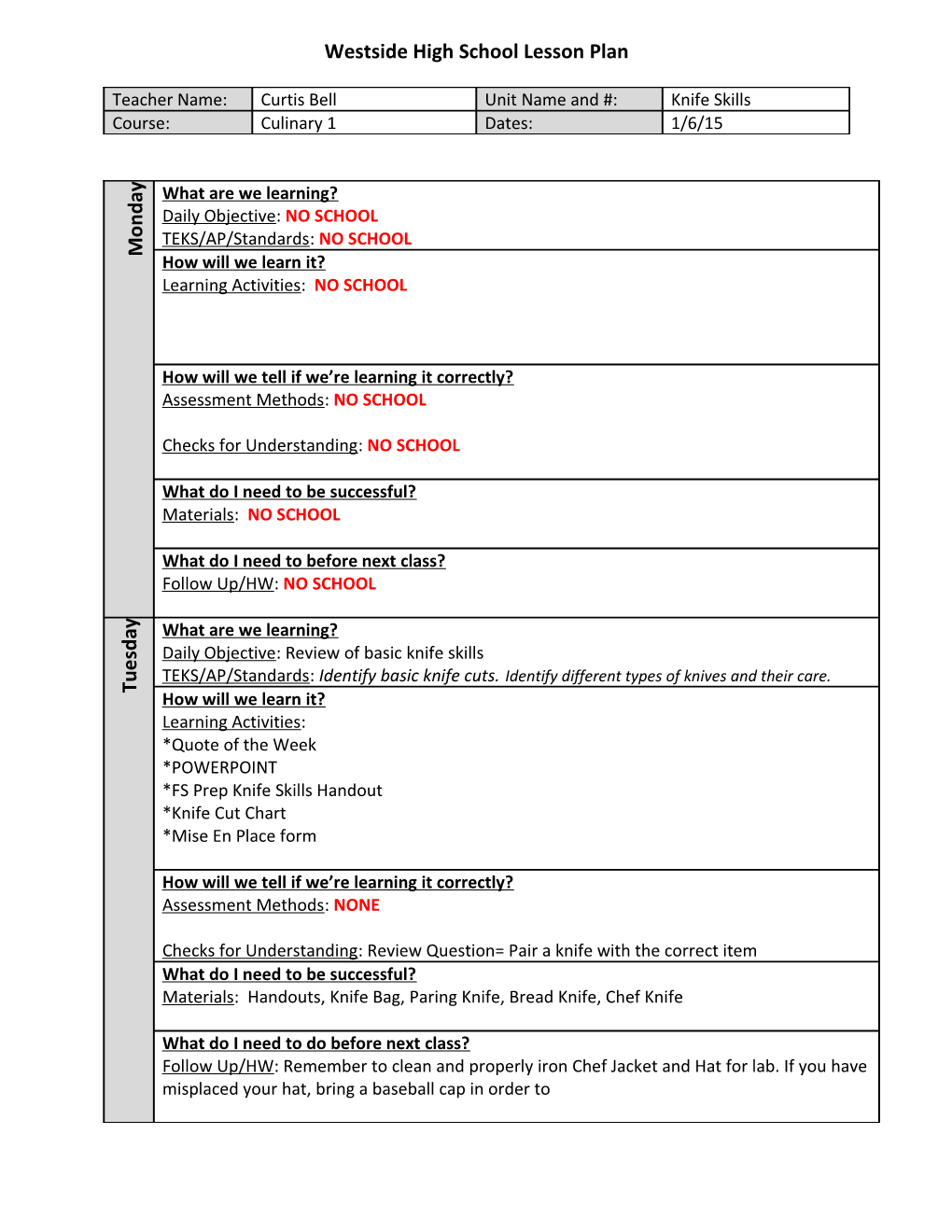 Westside High School Lesson Plan s2