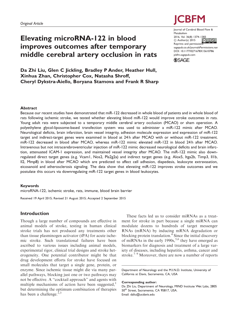 Elevating Microrna-122 in Blood Improves Outcomes After Temporary