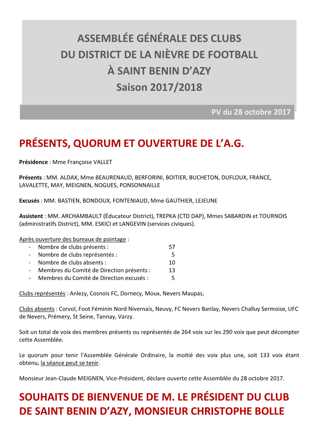 ASSEMBLÉE GÉNÉRALE DES CLUBS DU DISTRICT DE LA NIÈVRE DE FOOTBALL À SAINT BENIN D’AZY Saison 2017/2018