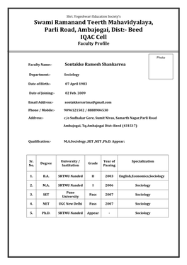 Swami Ramanand Teerth Mahavidyalaya, Parli Road, Ambajogai, Dist:- Beed IQAC Cell Faculty Profile
