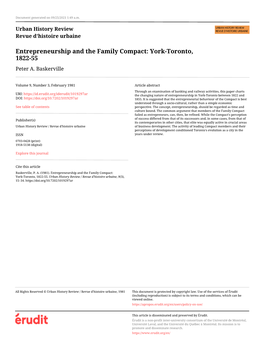 Entrepreneurship and the Family Compact: York-Toronto, 1822-55 Peter A