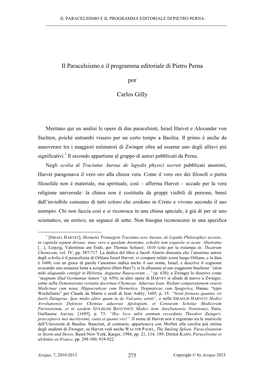 Il Paracelsismo E Il Programma Editoriale Di Pietro Perna Por Carlos