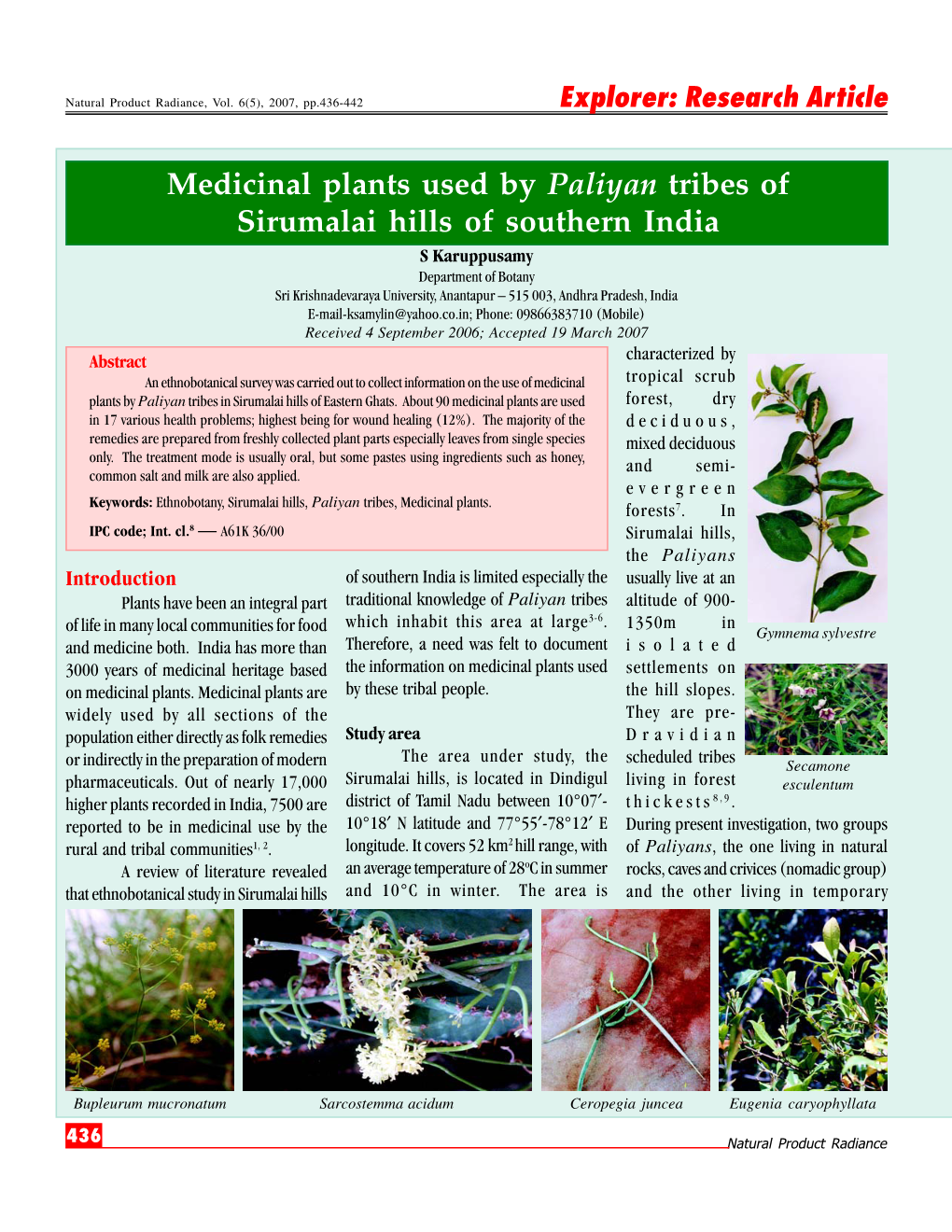 Medicinal Plants Used by the Paliyan Tribes of Sirumalai Hills of Southern
