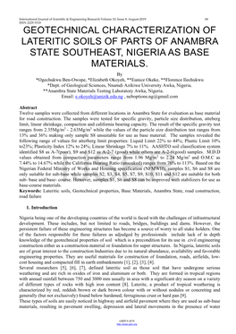 Geotechnical Characterization of Lateritic Soils of Parts of Anambra State Southeast, Nigeria As Base Materials