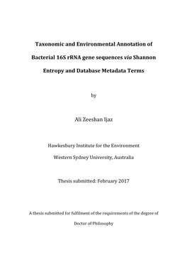 Taxonomic and Environmental Annotation of Bacterial 16S Rrna Gene Sequences Via Shannon Entropy and Database Metadata Terms A