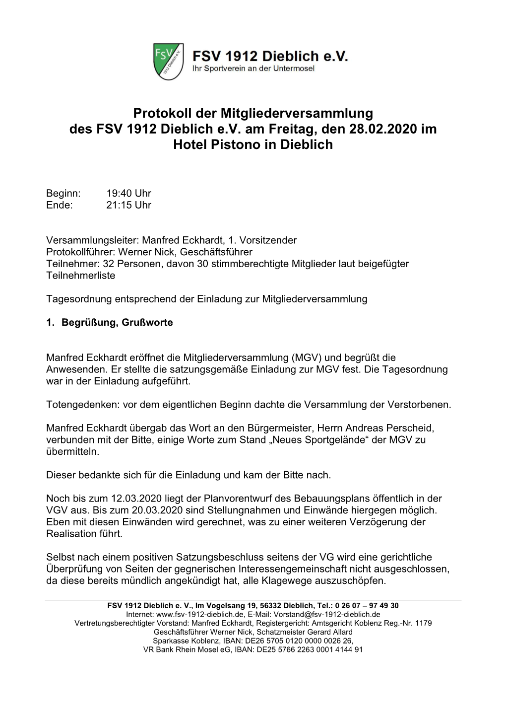 Protokoll Der Mitgliederversammlung Des FSV 1912 Dieblich E.V. Am Freitag, Den 28.02.2020 Im Hotel Pistono in Dieblich