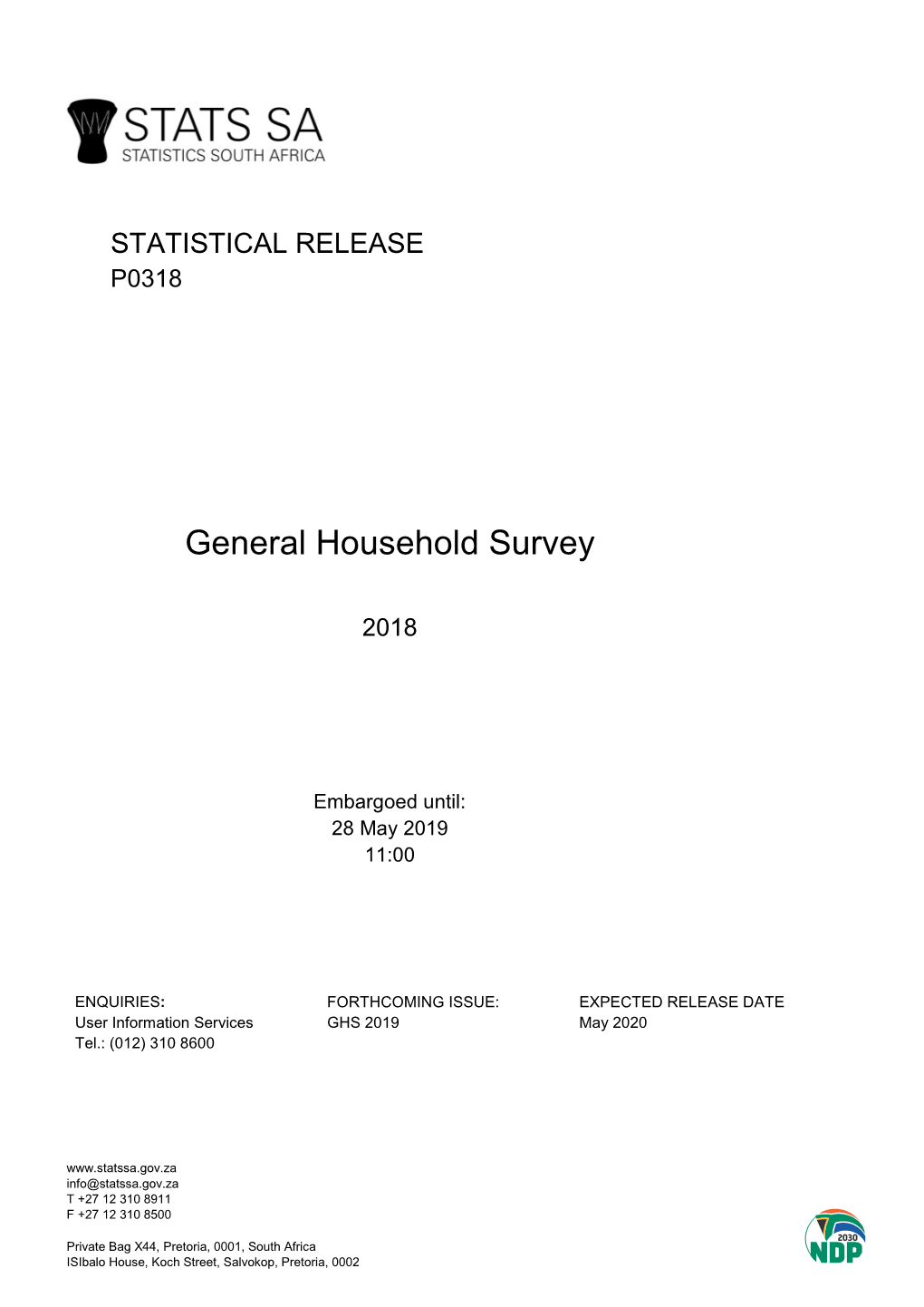 General Household Survey, 2018 STATISTICS SOUTH AFRICA I P0318